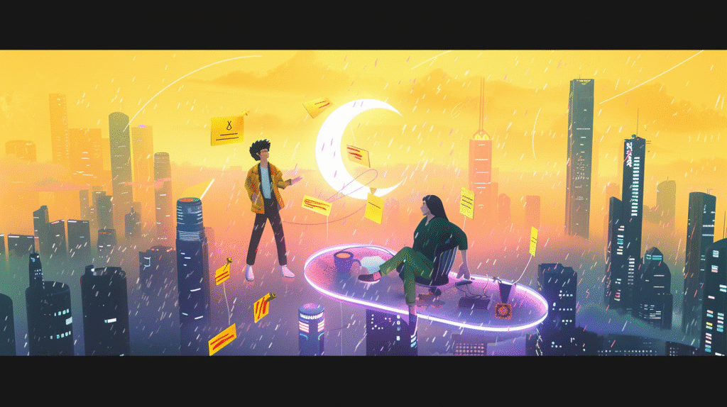 A startup marketing team discussion amidst skyscrapers