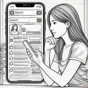 DALL·E 2024-08-21 18.49.57 - A line-sketch style image of a girl watching search ads and social media ads on a mobile screen. The girl is holding a smartphone, and the screen disp