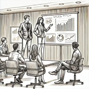 line-sketch image of a man and a woman delivering a sales pitch to a group of clients in a conference room