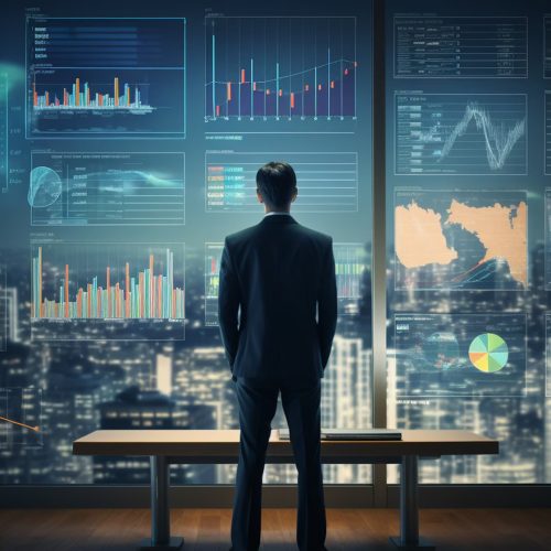 A corporate executive standing alone facing an analytics dashboard