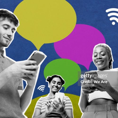 Collage of modern adults using smart phones in city with wifi signals